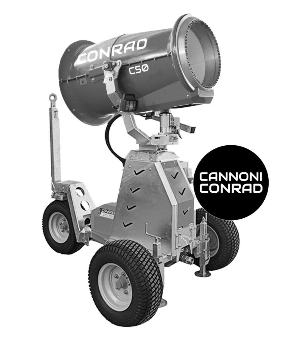 Conrad C50 dust suppression cannon on a trolley with 3 pneumatic wheels, stabilisers and drawbar