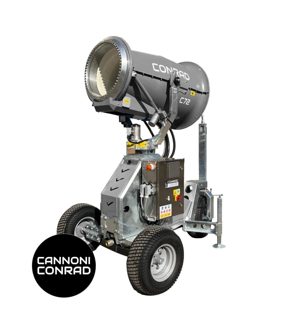 Conrad C72 dust suppression cannon on a trolley with 3 pneumatic wheels, stabilisers and drawbar