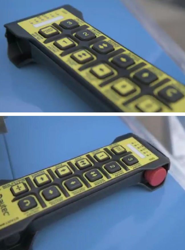 Autec radio remote control for Conrad C series cannons: keypad with Start/Stop and side view with the red emergency stop button
